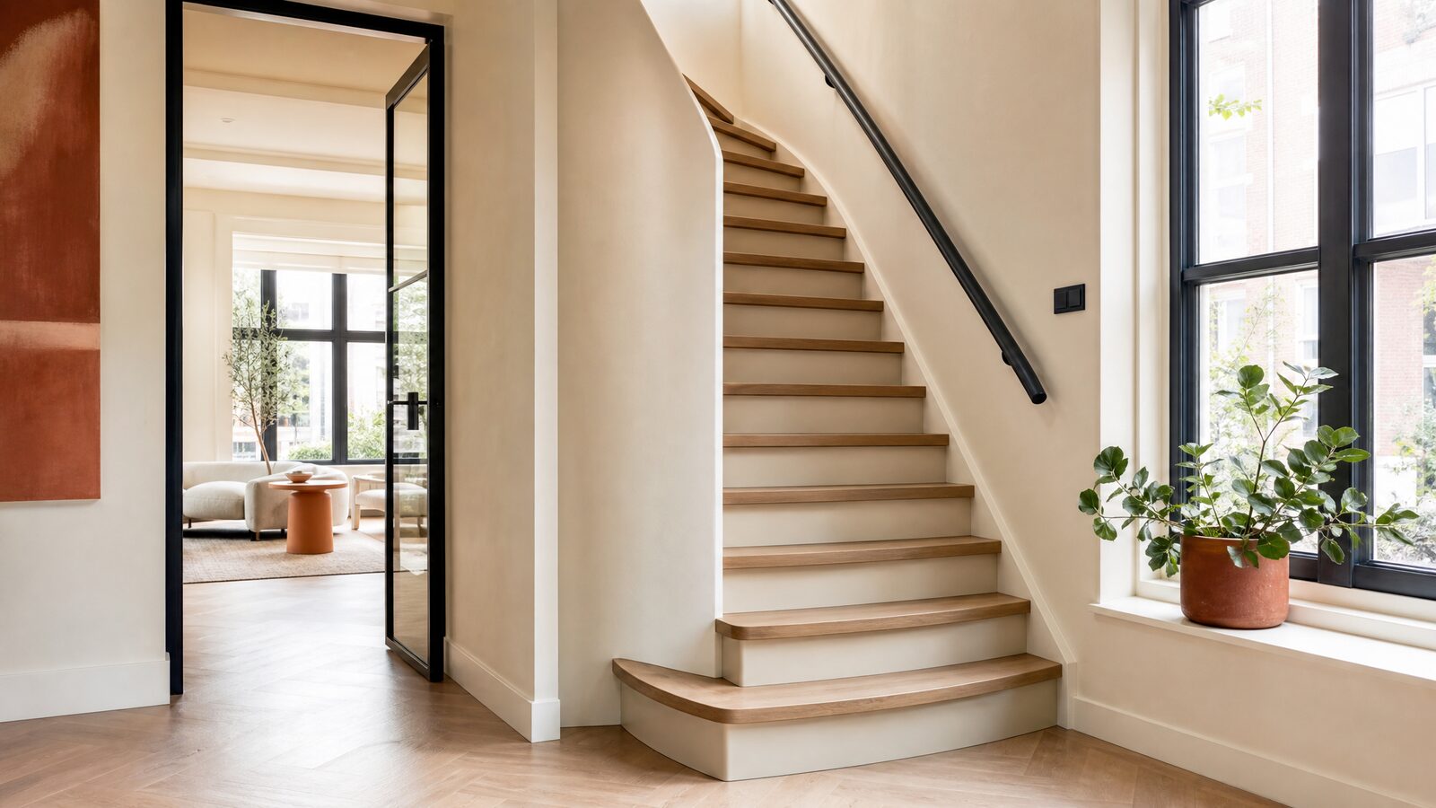 Gerenoveerde trap met moderne overzettreden in een licht interieur
