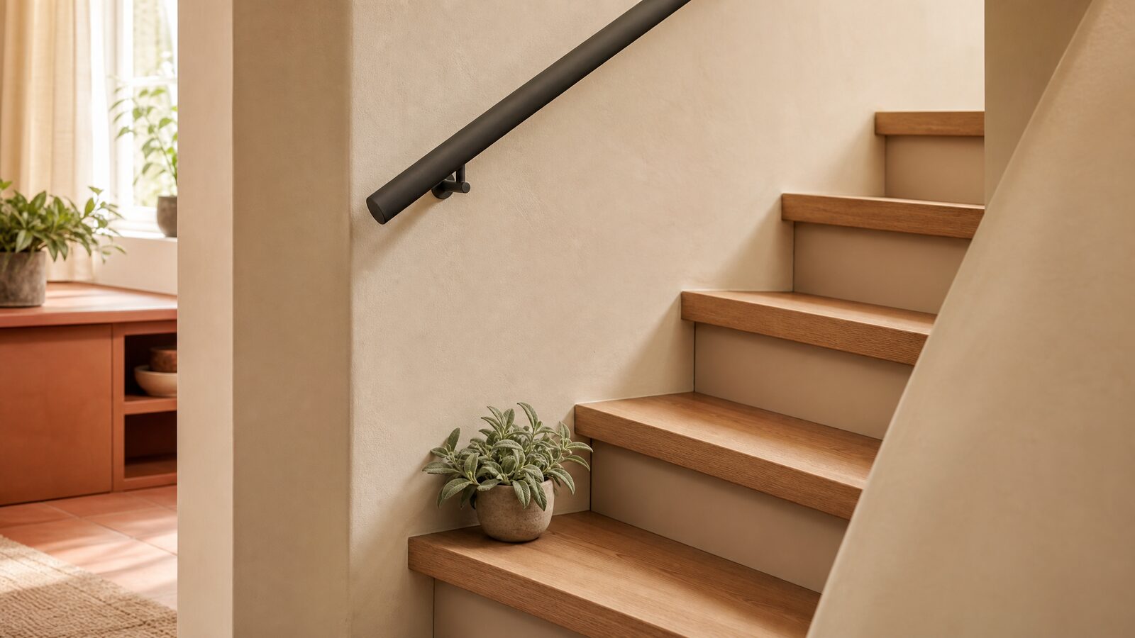 Warm verlichte gerenoveerde trap met overzettreden in een modern interieur