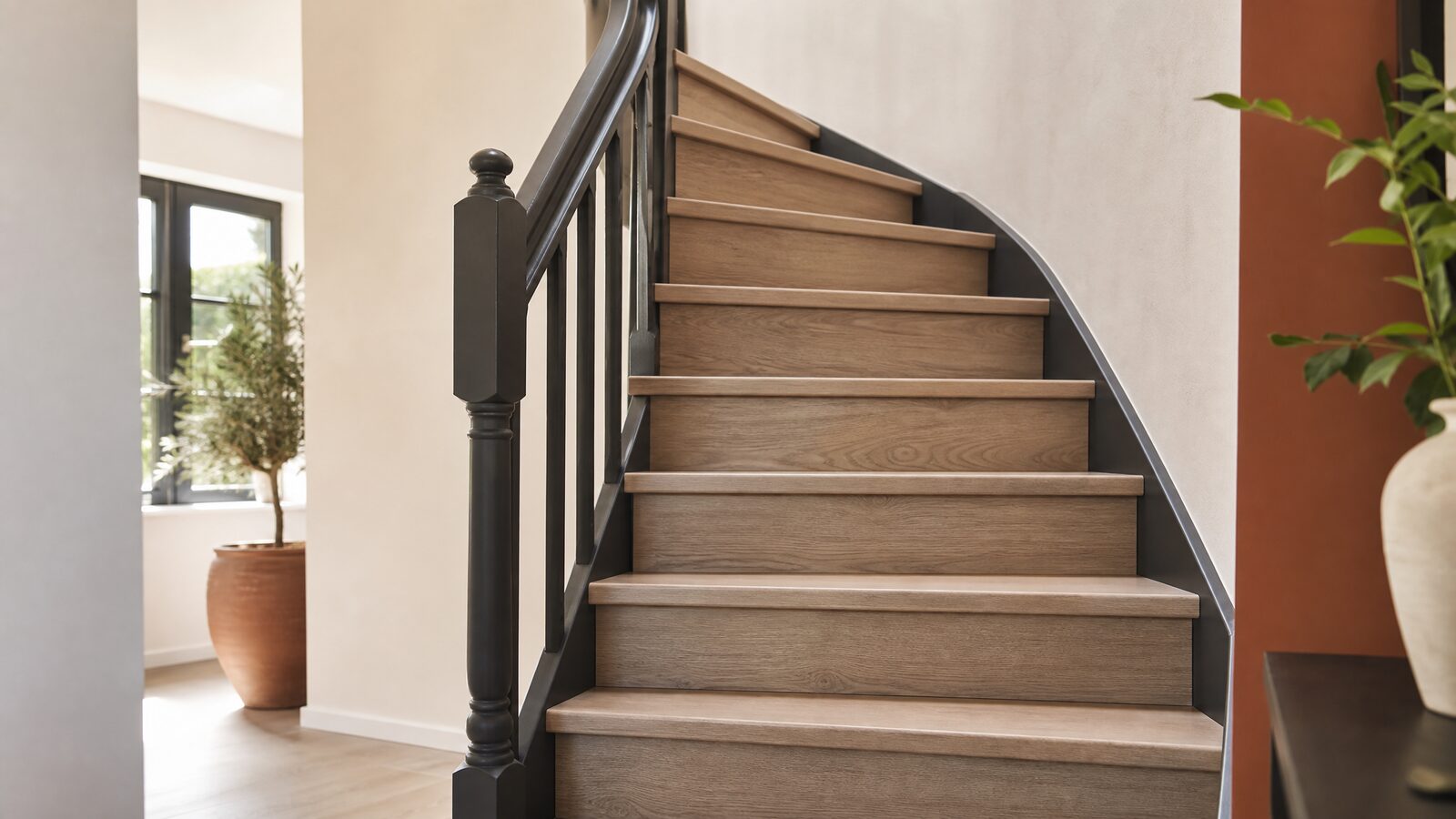 Strak gerenoveerde trap met moderne overzettreden in een licht, modern interieur bij daglicht